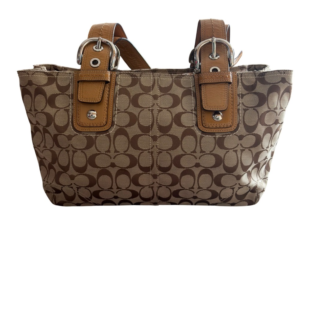 Coach Soho Signature Tote Bag Khaki Brown Canvas Leather F13117 - Picture 2 of 7
